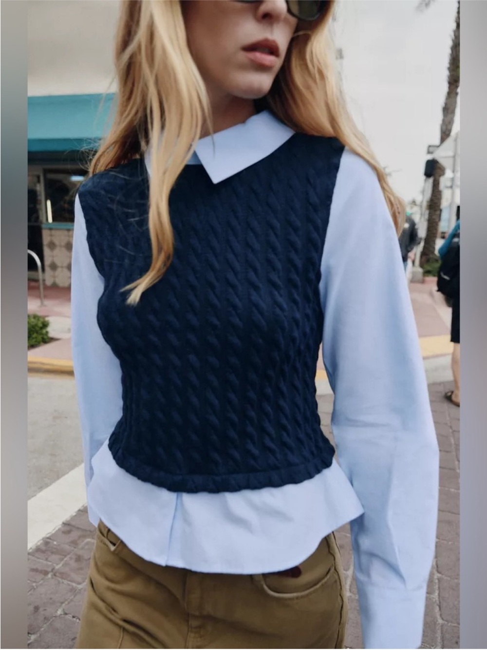 Zara Navy Blue Combined Poplin Shirt Layered Look Top S NWT